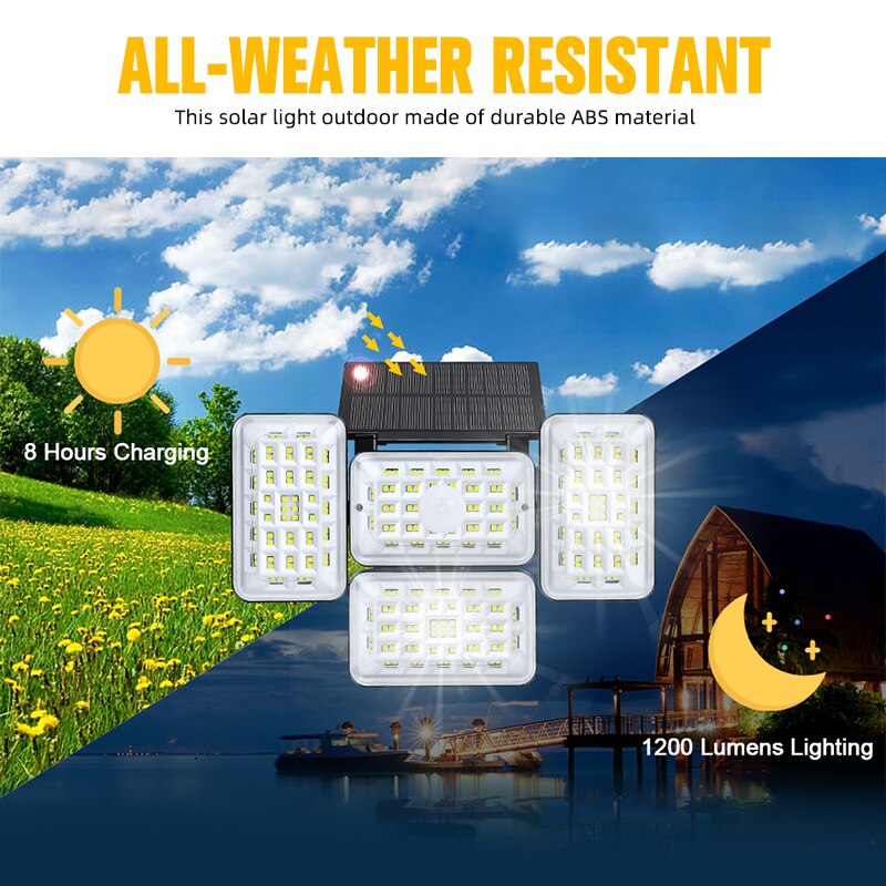 LITOM 242 LED Solar Lights Outdoor With Motion Sensor 4 Heads Security Waterproof Lights Solar Powered Flood Light for Garage