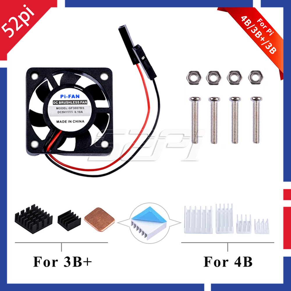 52Pi 1 Set DC 5V 30*30*7 Lüfter 3007 Kühlkörper Kit oder 2 Set / 4 Set Pack für Raspberry Pi 4B Pi 4 Modell B / 3 B + / 3