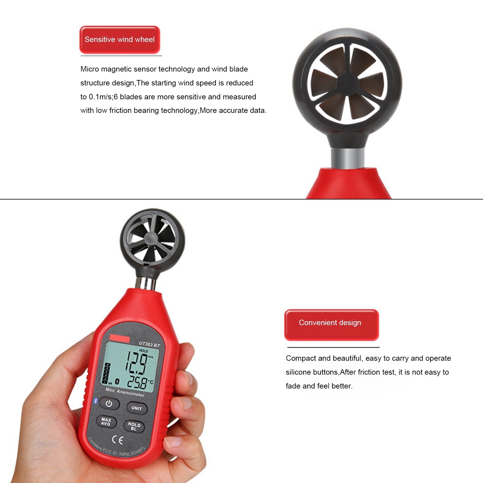 UT363BT Digital Anemometer Handheld Wind Speed Meter Bluetooth Wind Sensor Outdoor Thermometer LCD Display Measuring Device