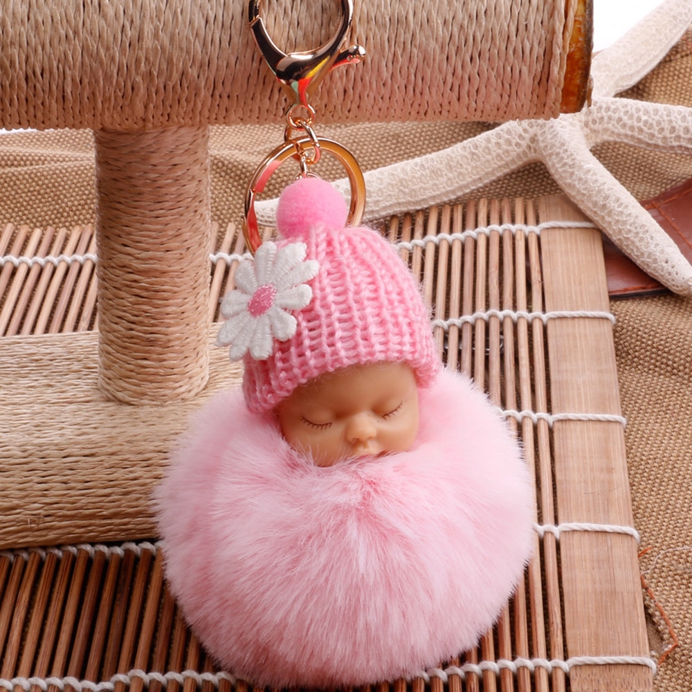 Söta sovande baby docka nyckelringar för kvinnor väska leksak nyckelring fluffiga pom pom päls plysch nyckelringar