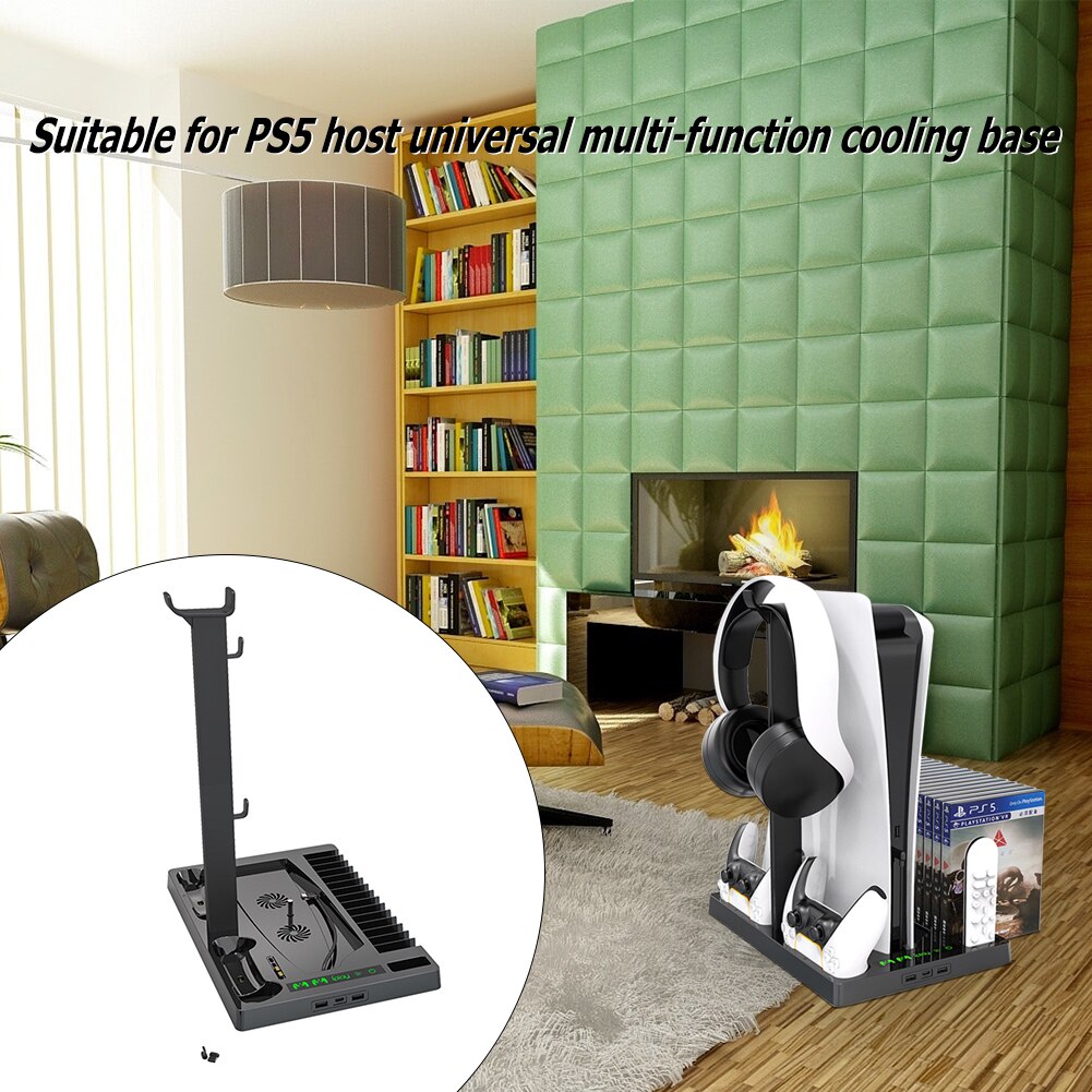 For PS5 Host Universal Multifunctional Cooling Base With Disc Storage Rack Two-seater Charging Earphone Storage Bracket