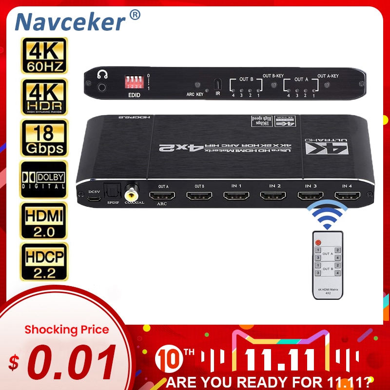 HDMI Matrix 4x2 4K @ 60Hz HDR Switch Splitter 4 in 2 out YUV 4：4：4 Optical SPDIF + 3.5mm jack Audio Extractor HDMI Switcher