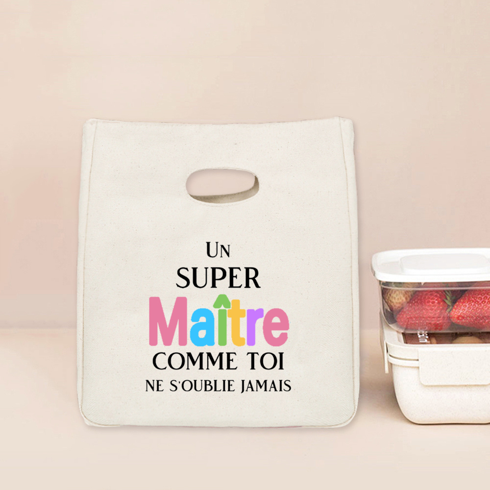 Merci Maitresse Maitre French Printed Lunch Bag Insulated Cooler Bento Tote Thermal Food Bags Teacher's Day for Teachers: Blue