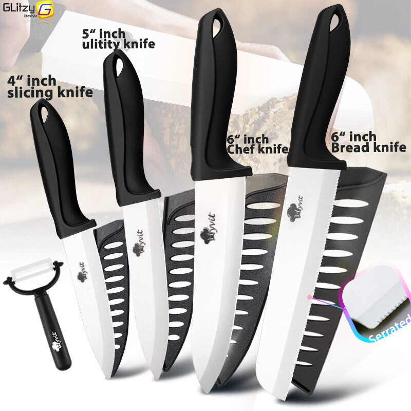 Ceramic Knife 3 4 5 6 inch Knives Kitchen Set White Blade Chef Utility Paring Vegetable Slicing Ceramic Knives With Peeler Set: 4566B BLACK