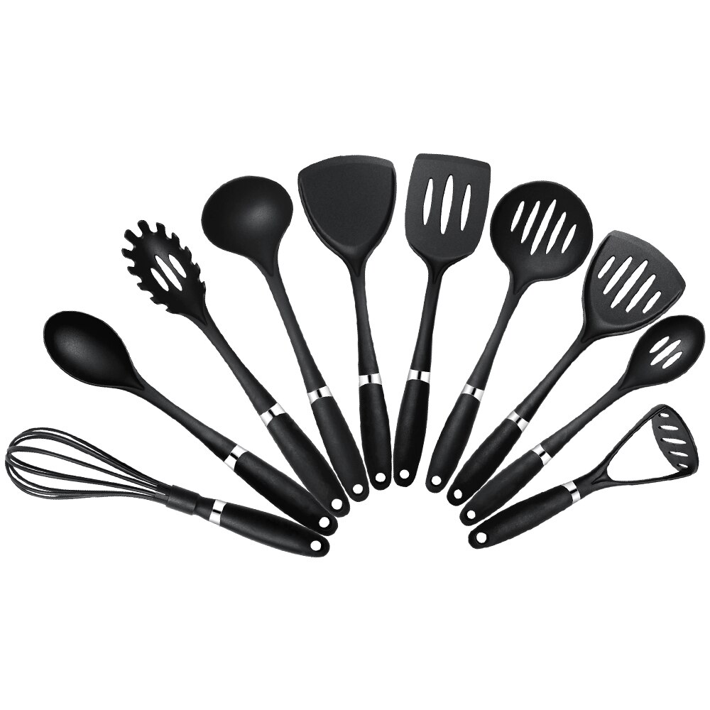 10PCS Cooking Tools Set High Temperature Resistant Nylon Kitchenware Shovel Turners Kit Black Cookware Utensils Kitchen Supplies: 10pcs
