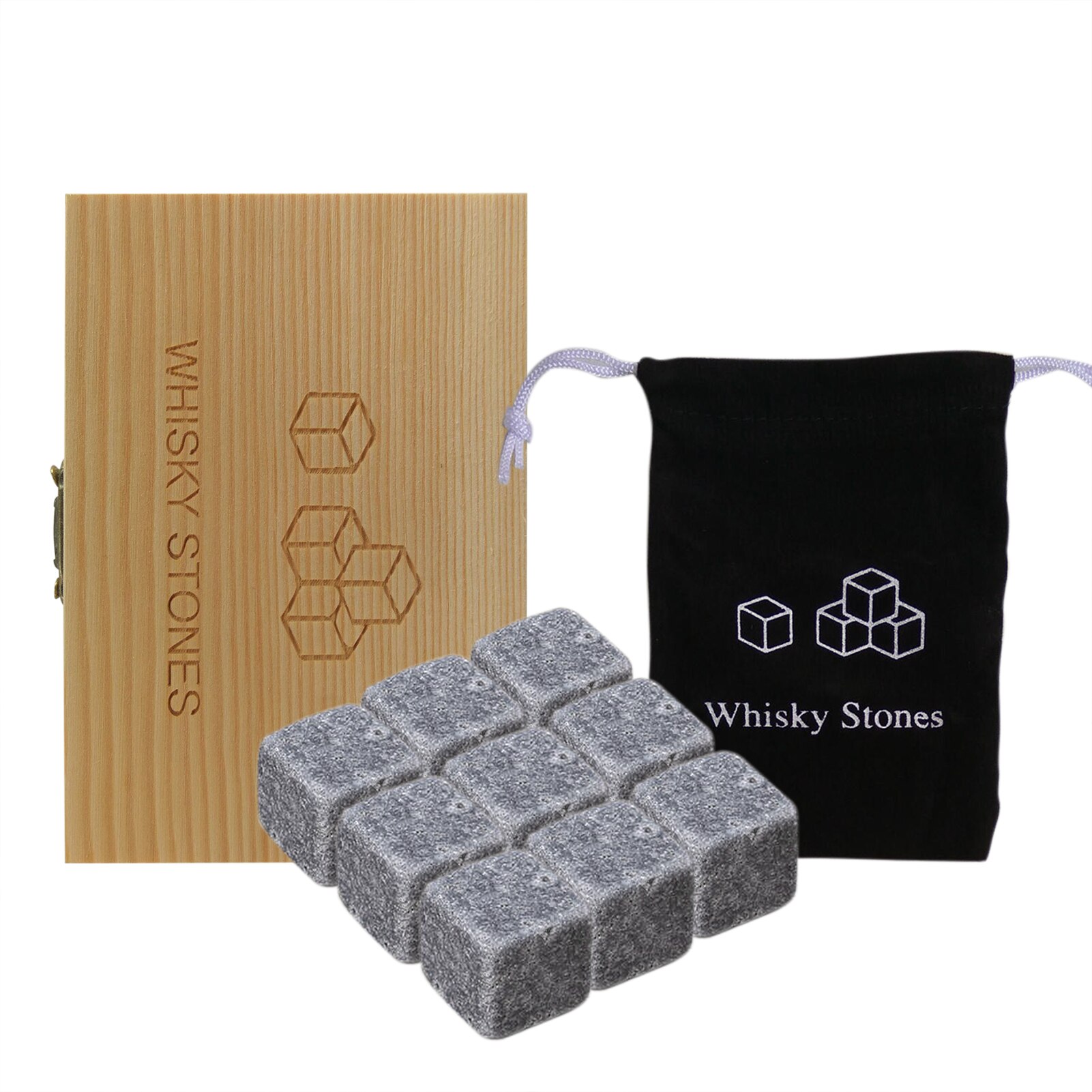 Whiskey Stones Set 9 Granite Whiskey Chill Rocks with Wooden Box and Velvet Bag Wine Stones Reusable Wine Chillers Whisky Stones: Black Grey