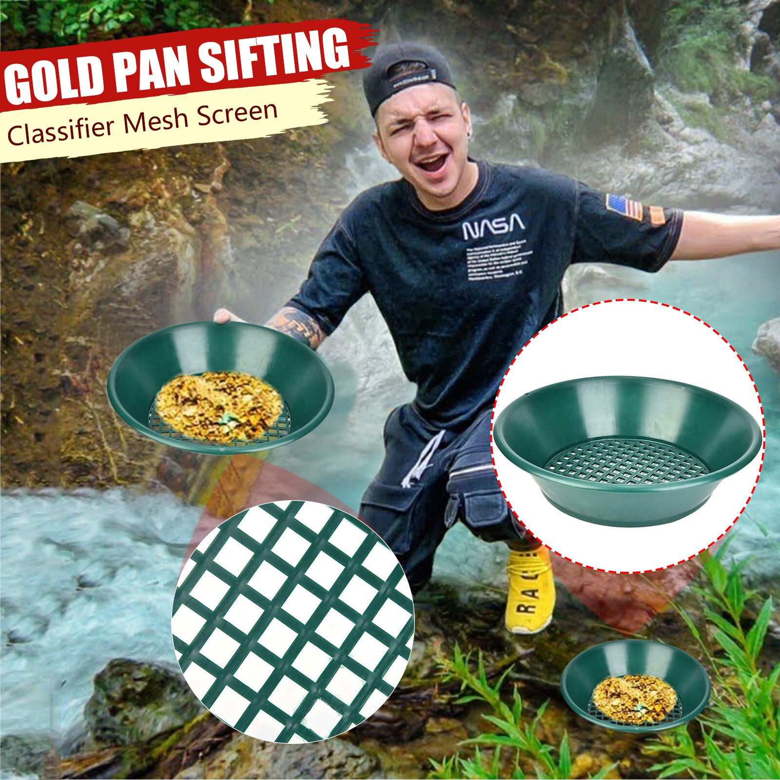 Green Gold Pan Sifting Classifier Mesh Screen Mining Sifter Metal Detecting Kit Panning Classifier 35x35x8.8Cm garden accessory
