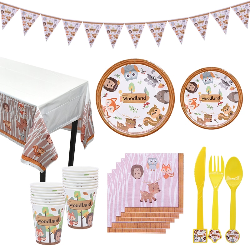 Forest Theme Party Decoration Hedgehog Owl Fox Napkin Plate Cup Jungle Animal Tableware Baby Shower Kids Birthday Party Supplies