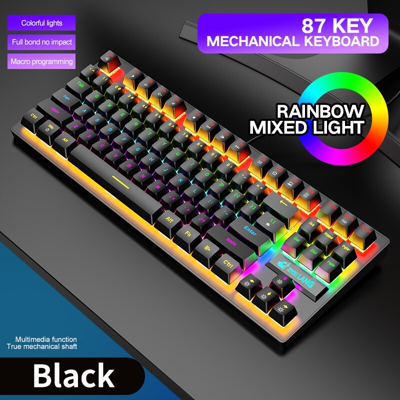 Colorful Backlit Gaming Mechanical Keyboard 87Keys Blue Switch Rainbow Backlight Game Wired Keyboard for Office Laptop PC Gamer: XJP003Black