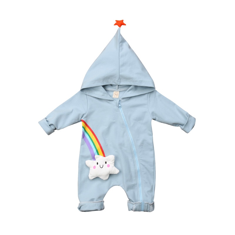 Lindo bebé recién nacido Ropa para bebé (niño o niña) manga larga Arco Iris cremallera estrella con capucha mono mameluco trajes ropa de bebé 0-18M