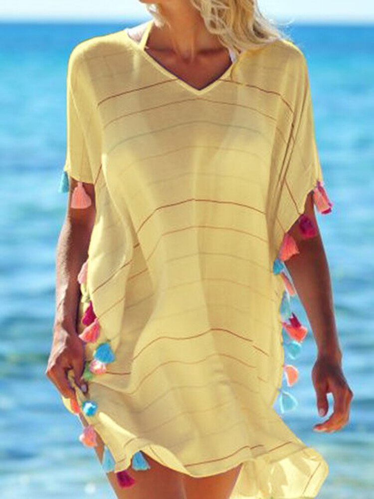 Kvinder kvast kjole sommer v-hals dame bluse skjorte badetoppe stribet bikini cover up badetøj strandkjole salida de