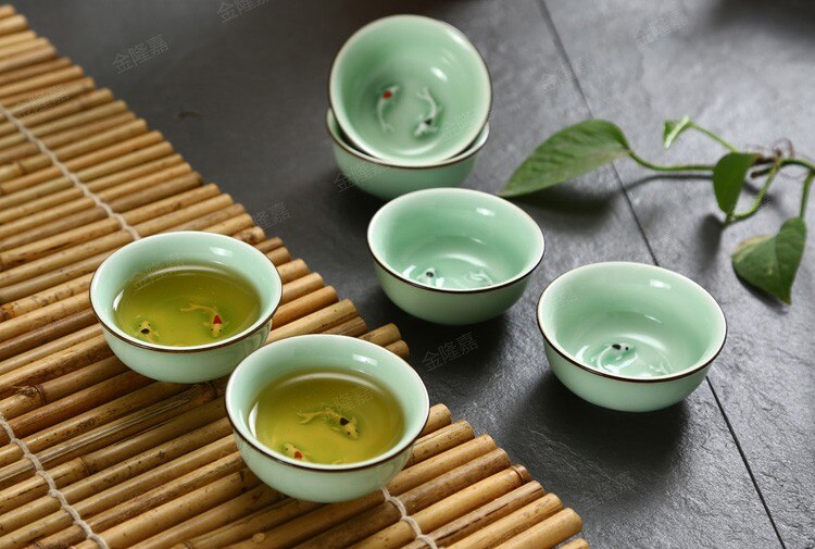 Chinese Longquan Celadon Porselein 1Pcs Thee Cup, china Theekopjes En Saucertea Kom Gouden Vis 60Ml China Thee Pot Celadon Theekopjes