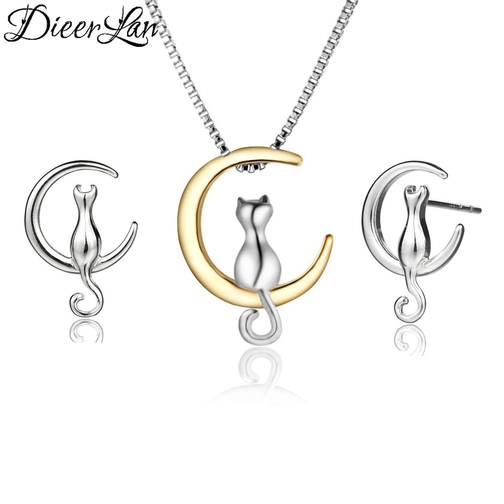 DIEERLAN Wedding Bridal Jewelry Sets 925 Sterling Silver Moon Cat Choker Necklaces Kitty Pendant for Women Statement Bijoux