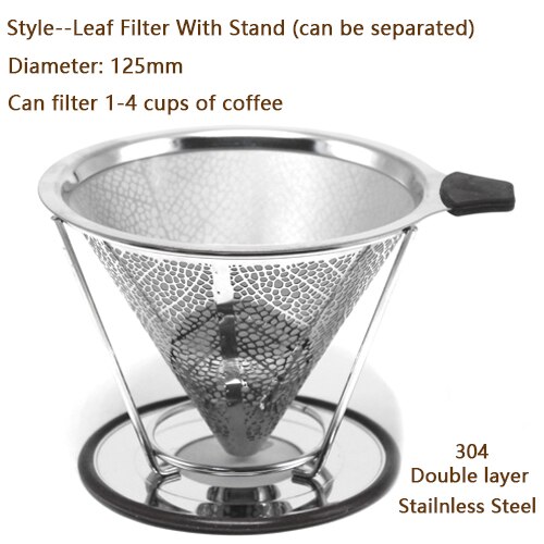 Dubbele Laag Koffie Filter 304 Rvs Drip Koffie Houder Trechter Manden Herbruikbare Coffe Filters en Stand Koffie Filter: Leaf Filter Stand