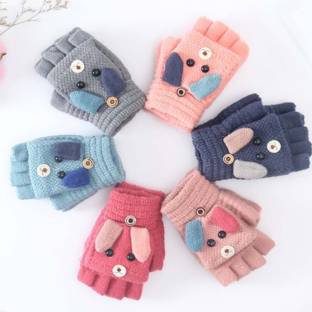 Baby Winter Gloves Children Girl Boy 6-12 Years Half Finger Flip Cover Gloves Boys Animal Warm Children Mittens Knitted Gloves