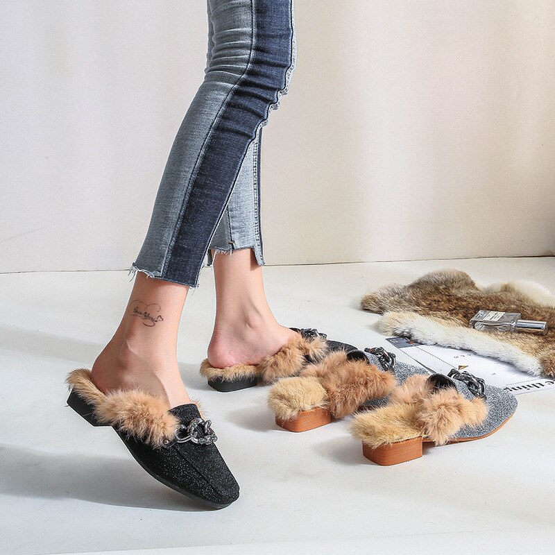 Women Glitter Slides Home Winter Fur Slippers Paillette Furry Flipflops Ladies Low Square Heels Mules Cover Toe Rabbit Fur Shoes