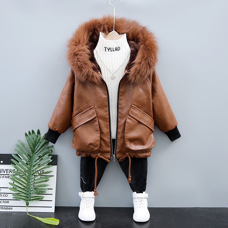 Kinderen Plus Dik Fluwelen Lederen Motorjas Kinderen Pu Leer Capuchon Leren Jas Jongens Warme Jassen