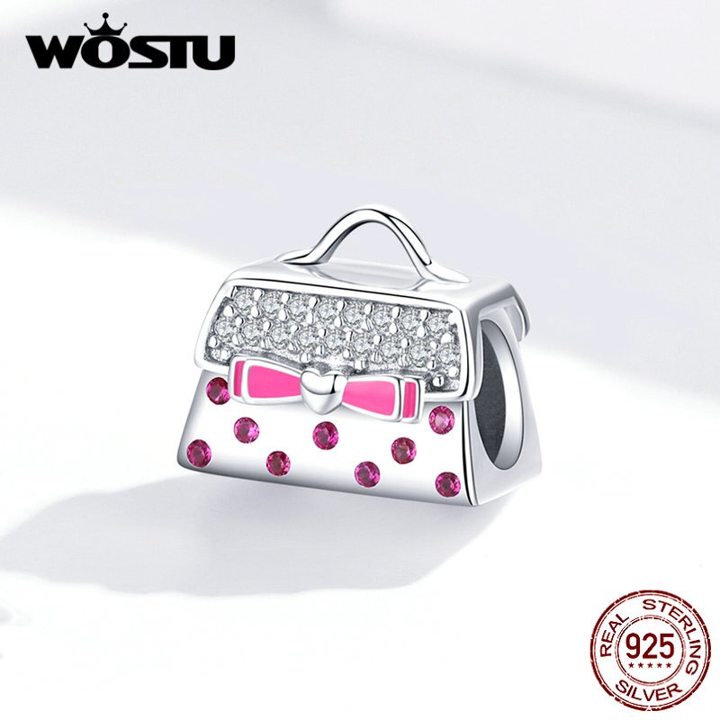 WOSTU la moda Argento sterlina 925 Sacchetto di Mano di Perline Rosa Zircone Bowknot Pendenti E Ciondoli in forma Originale Braccialetto Del Pendente Dei Monili Delle Ragazze di CQC1391