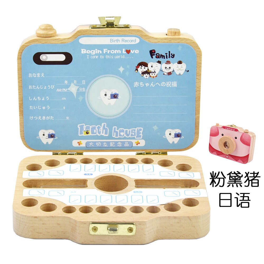 Baby houten tandendoos organizer melktanden opslag camera doos japans engels tanden verzamelen navelstreng bewaren baby tandendoos: Roze varken-japans