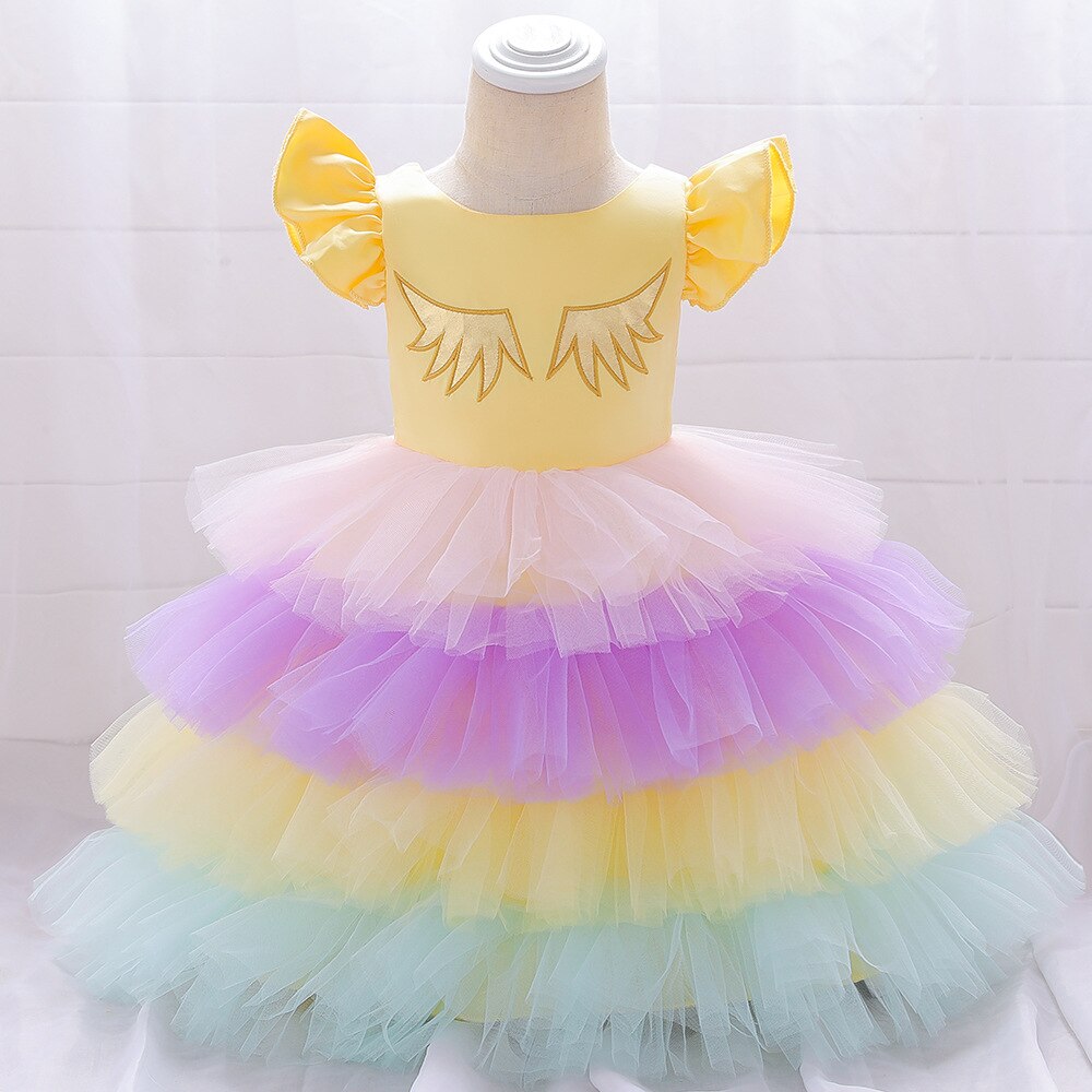 Korean version of small girls and young children baby birthday multilayer pompon cake dress princess fantasy dance dress: yellow / 80