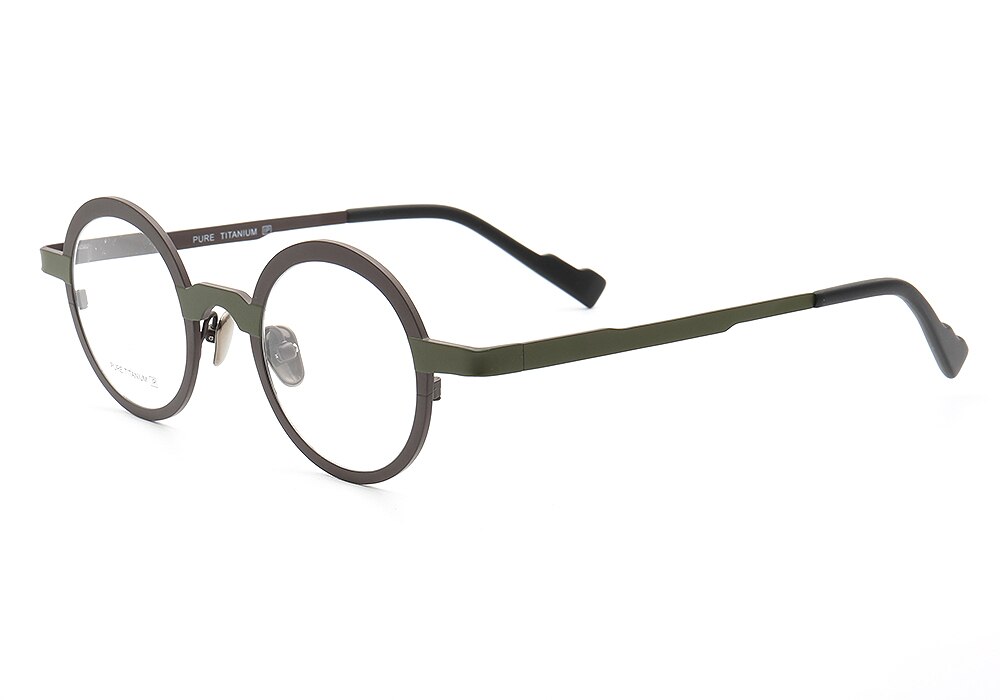 Naisten pyöreät silmälasikehykset miesten retrosilmälasikehykset puhdasta titaania metalliset täyskehykset rento kevyet reseptilasit: Vihreä ruskea  c2