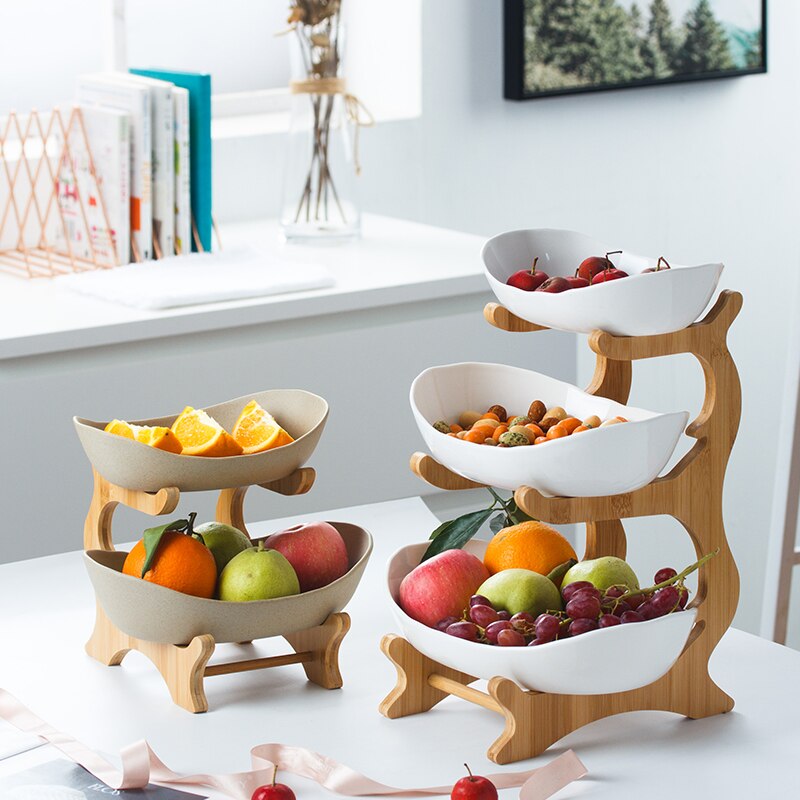 Moderne Keramische Fruitschaal Bamboe Plank Snoep Schotel Mand Woonkamer Bar 2/3 Laag Fruitschaal Snack Taart Dessertbord houder
