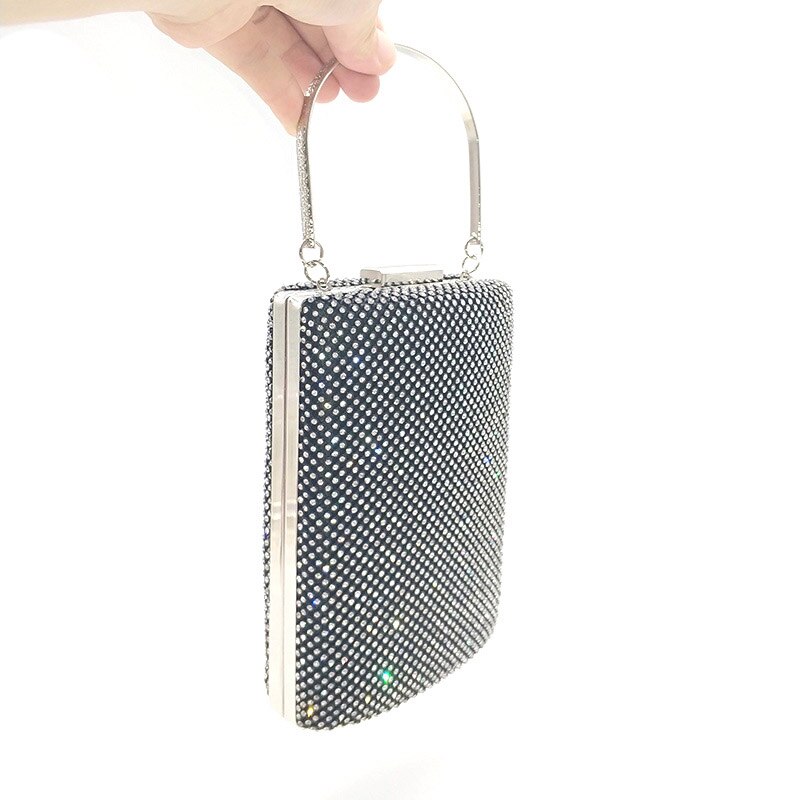 Bling hard box women shining bridal wedding women evening party bag women crystal cell phone box bag cross body shoulder bag: Black clutch