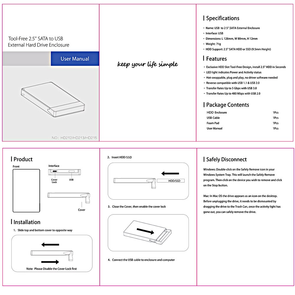 2.5" SATA USB 3.0 1TB External Hard Drives Portable Desktop Mobile Hard Disk Box HDD Enclosure