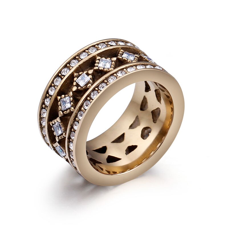 Edelstahl Jahrgang Gold Farbe Breiten Ring Stapeln CZ Steine Hochzeit Ring für Frauen Partei Schmuck 12mm