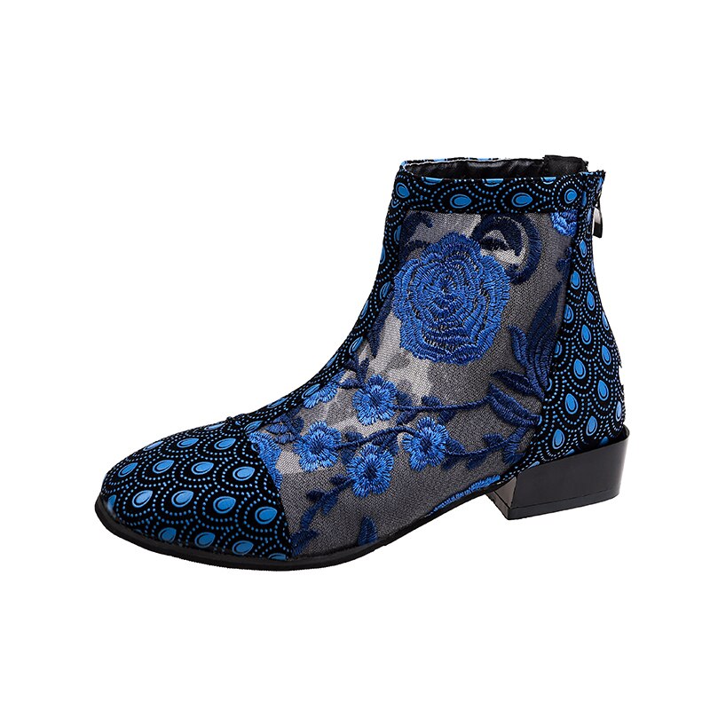 LazySeal Air maille broder été Cool bottines femmes retour Zip bout rond talons carrés dentelle fleurs Cool bottes femme: Blue / 9
