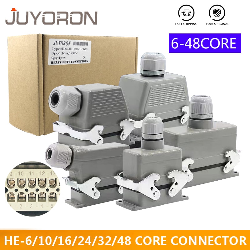 Rectangular Heavy Duty Connectors HDC HE 4 6 8 10 16 20 24 32 48 Core Pin 16A Waterproof Aviation Plug Top Side Line Connector