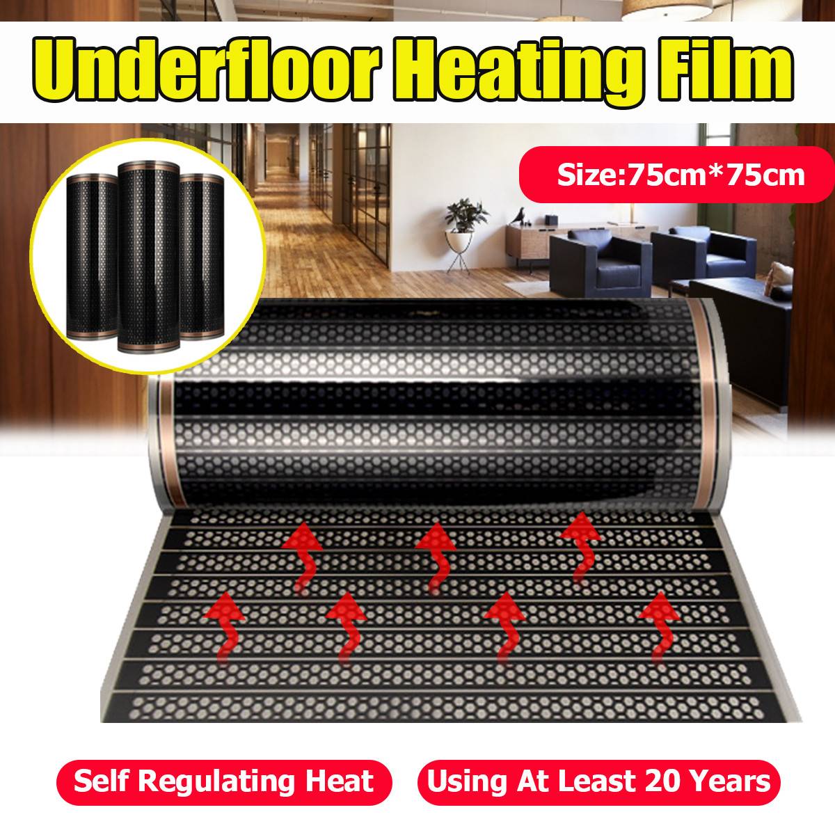 220V 75cm Width Healthy Floor Heating Infrared Underfloor Heating Carbon Film Heater Electric Floor Warming Mat for Living Room