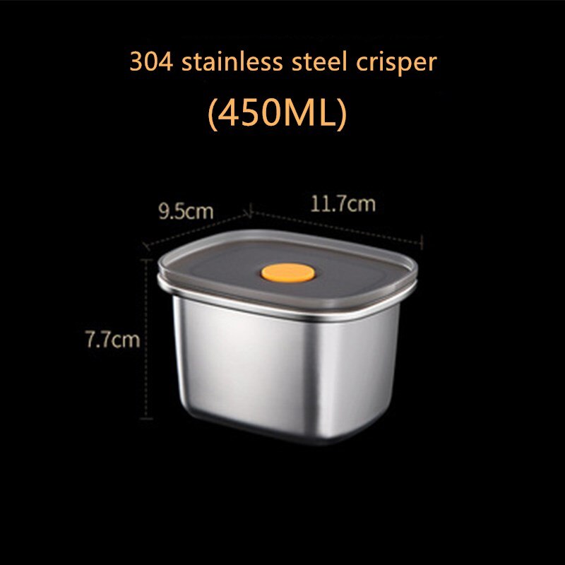 304 Stainless Steel Microwave Lunch Box Refrigerator Fruit And Vegetable Frozen Fresh-keeping Lunch Box Sealed Food Lunch Box: 450ml