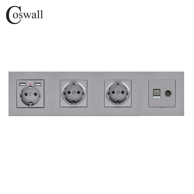 COSWALL Triple Wall EU Socket Grounded + Dual USB Charging Port With Soft Backlight + Female TV & RJ45 Internet Outlet PC Panel: Grey