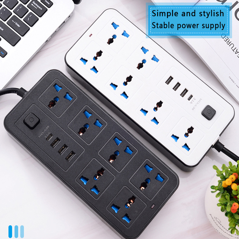 Universalstik til strøm, eu, usa, uk, strømskinne med 1.8m forlængerledninger, ac, type c, usb-port, opladning, stikkontakt