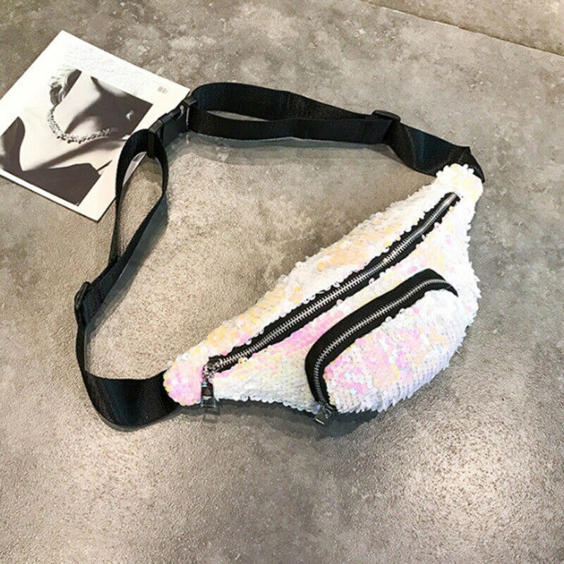 Women Girls Sequins Glitter Waist Bag Fanny Pack Pouch Hip Purse Girlfriend Cool Coin Crossbody Shouder Waist Pack