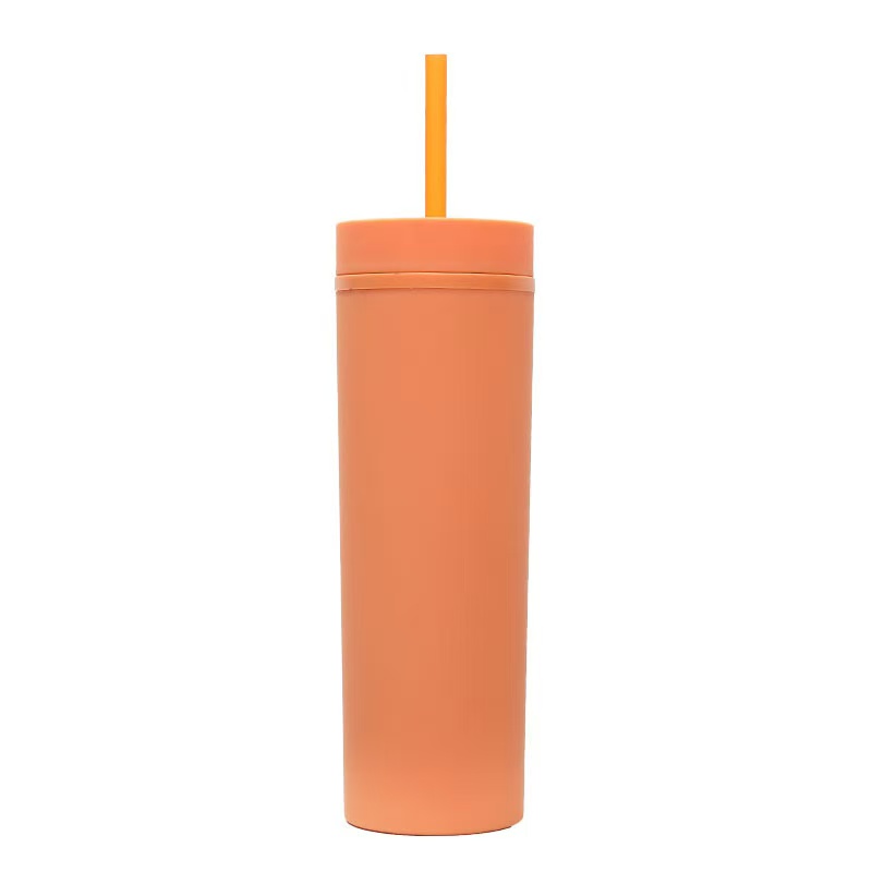 Stylish Matte Finish Reusable Portable Double Wall Tumbler Plastic Cup With Straw Coffee Tea Household Water Cup 16oz 450ml: Pink