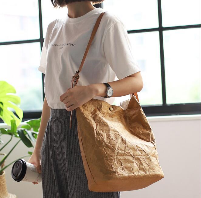 Fashionable retro shoulder bag simple wrinkled washed old bucket bag casual literary kraft messenger bag