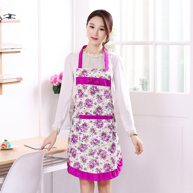 Delantal de cocina con estampado de flores y lazo para mujer, Baberos para adultos, cocina, hogar, tienda de café, limpieza, delantales, accesorios de cocina: Morado