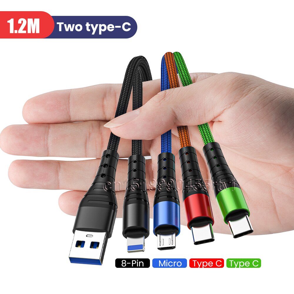4 em 1 usb tipo c cabo de carregamento para iphone 13 12 11 pro 3in1 2in1 usb cabo de carregamento micro cabo usb para huawei samsung 1.2m: Double Type C