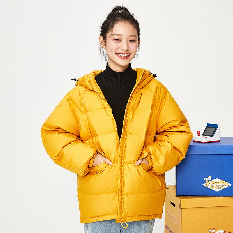 SEMIR-Chaqueta de plumas gruesas de longitud media para mujer, abrigo de invierno de costura con capucha, ropa cálida, chaquetas holgadas para mujer: Medium yellow / L