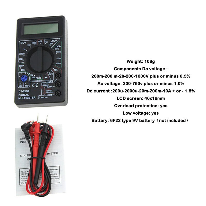 DT830 Digital Multimeter Voltmeter Ammeter Ohmmeter DC10V~1000V 10A AC 750V Current Tester Test LCD Display: DT830B