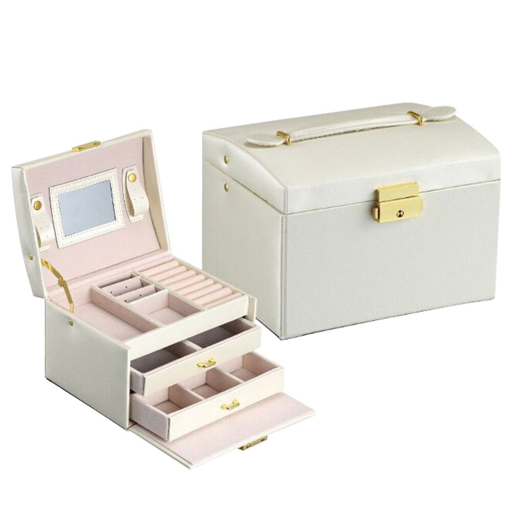 Pu Leather Jewelry Box Trendy Luxury Three-Layer Double Drawer Jewelry Box Stud Earrings Rings Jewelry Box: WH