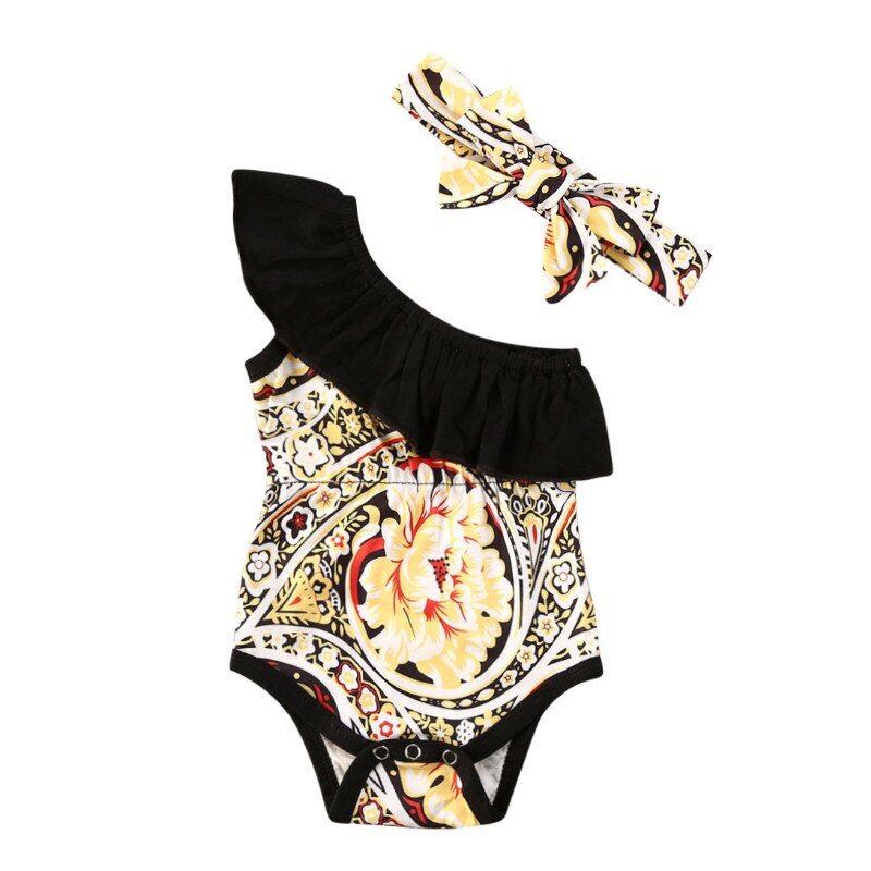 Zomer 2 Pc Baby Bodysuit Met Hoofdband Voor Meisjes Bloemenprint Een Schouder Korte Mouw Bodysuit Jumpsuit Voor Kinderen Meisjes