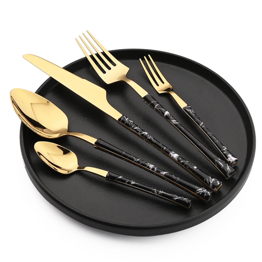1/2/4/6/8Set Imitatie Marmer Servies Bestek Roestvrij Staal Bestek Set Keuken houten Handvat Mes Vork Lepel Servies