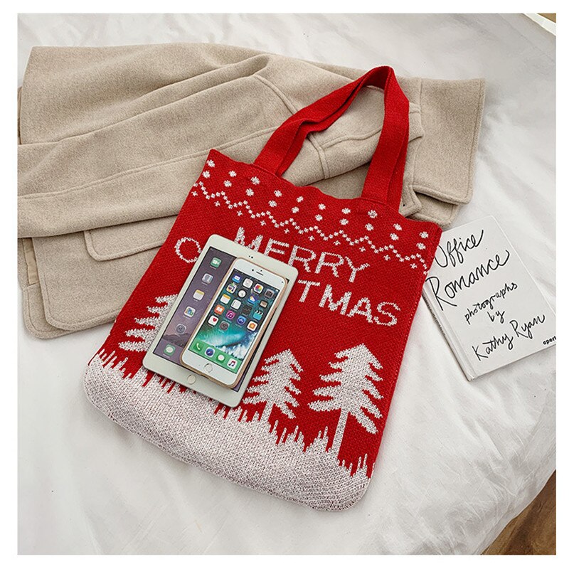 Winter Japanese Christmas Wool Knitted Shoulder Bag Large Capacity Handbag Messenger Bag