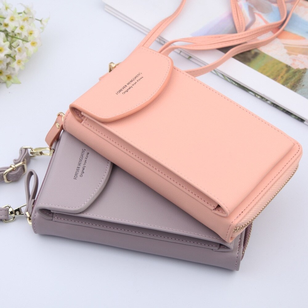 Women Purses Solid Color Leather Shoulder Strap Bag Mobile Phone Big Card Holders Wallet Handbag Pockets for Girls