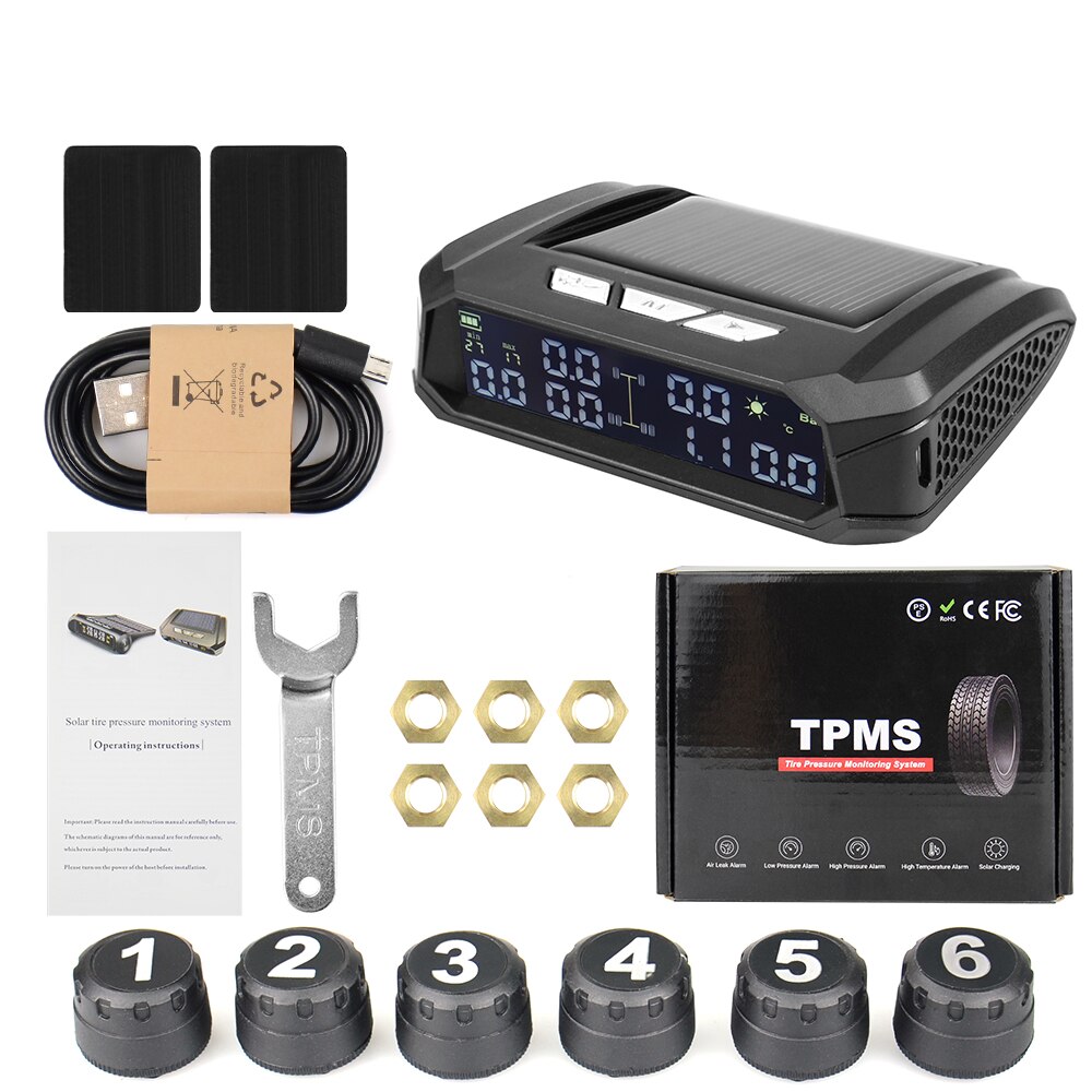 Universal Truck TPMS With 6 External Sensors Tire Pressure Monitor Solar USB Charging Tyre Pressure Monitor for Truck Safety