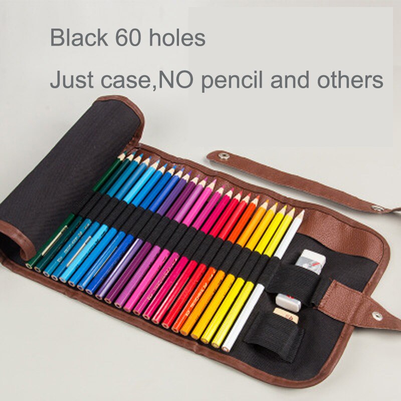 Kit de dibujo portátil, estuche para lápices, material escolar, oficina, bolsa enrollable para bolígrafos de lona, estuche para lápices y cortinas, suministros de arte: Black 60 holes case