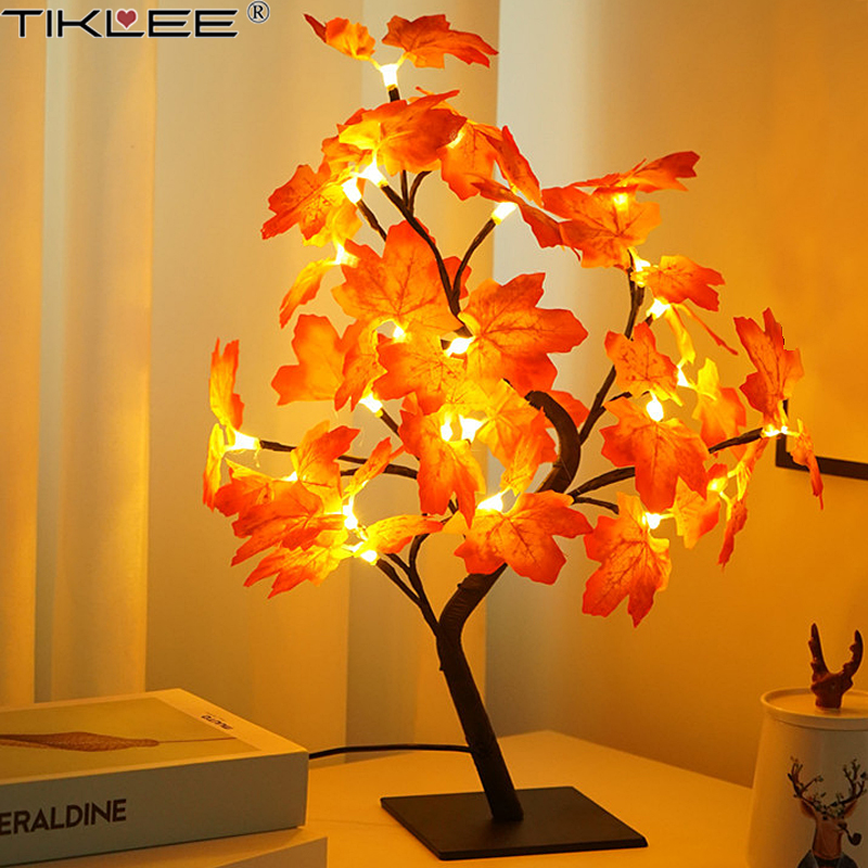 24 LED hoja de arce Hada luz flor árbol lámpara de mesa Rosa luz de noche USB operado para boda decoración de Halloween: Azul